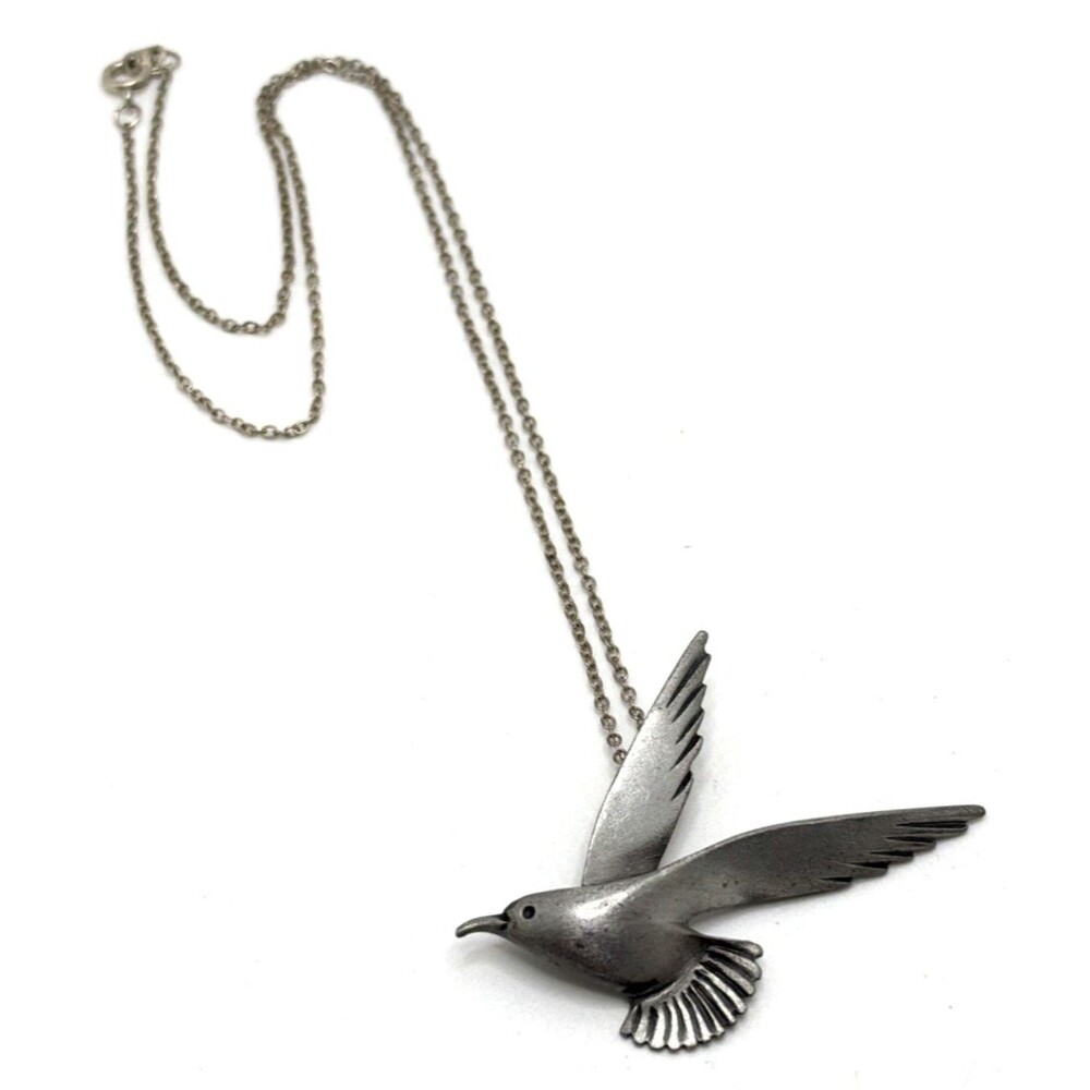 Vintage Pewter Seagull Pendant Necklace Coastal Nautical Bird in Flight 18"